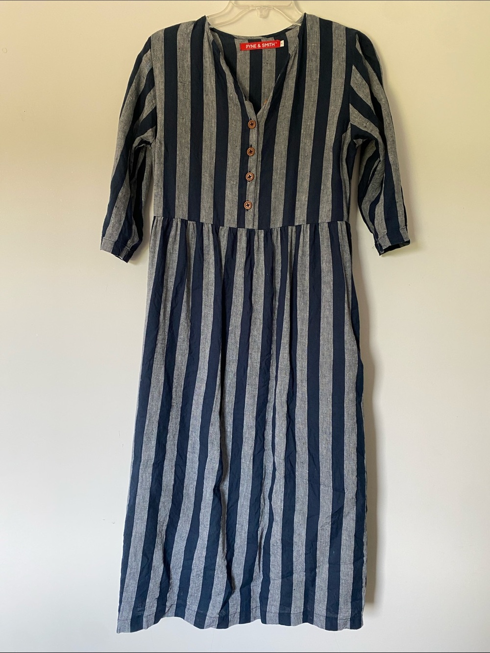 Pyne & Smith Navy and Gray Vertical Stripe Button Front Dress